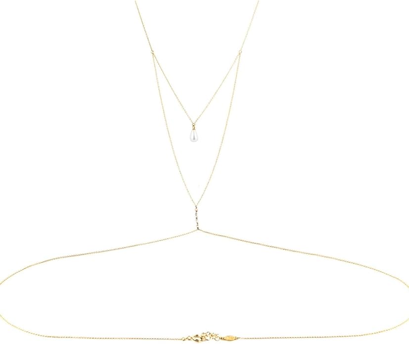 MODRSA Gold Body Chain Jewelry for Women Back Necklace for Backless Dress Backdrop Pearl Rhinestone Belly Chain Waist Chains Bra Chains Lingerie Summer Bikini Bodychain Trendy Sexy Stomach Jewelry