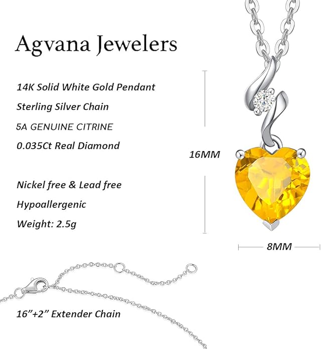 AGVANA 14K Solid White Gold Diamond Gemstone Pendant with Sterling Silver Chain 8mm Heart Birthstone Necklace Fine Jewelry Anniversary Birthday Gifts for Women Mom Wife
