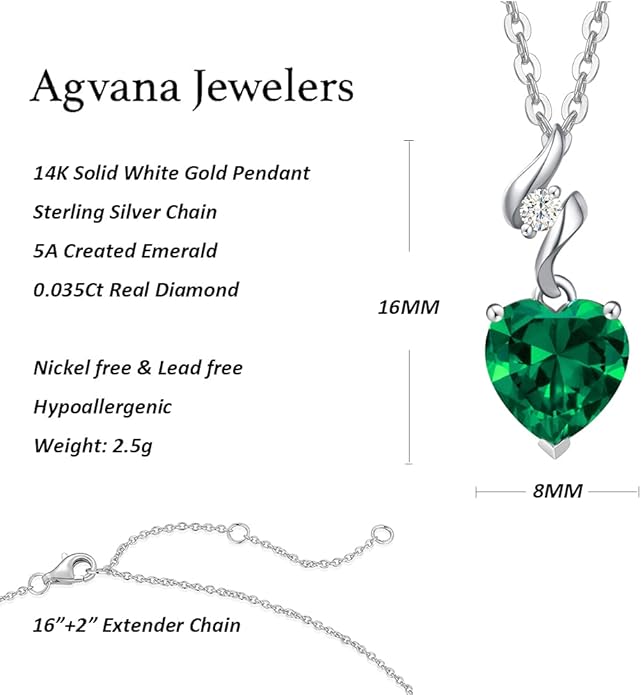 AGVANA 14K Solid White Gold Diamond Gemstone Pendant with Sterling Silver Chain 8mm Heart Birthstone Necklace Fine Jewelry Anniversary Birthday Gifts for Women Mom Wife