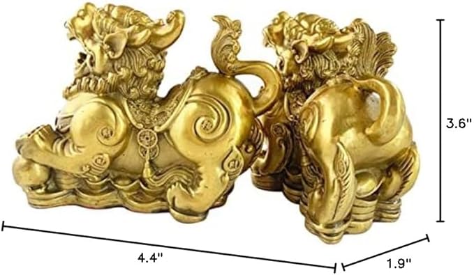 Brass pixiu statue 2set,Feng Shui home Decor a pair pi yao brass sculpture,good luck golden wealth pixiu statue (4.4" L x 1.9" W x 3.6" H )