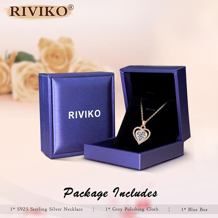 RIVIKO Heart Birthstone Pendant Necklace for Women 925 Sterling Silver Zirconia Necklaces Wedding Anniversary Birthday Mothers Day Jewelry Gifts For Her Mother Wife