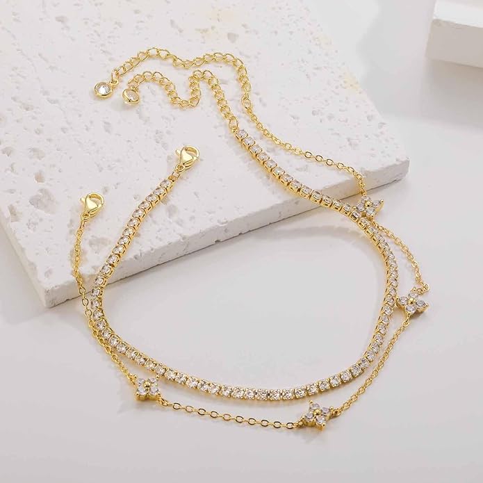 RLMOON Gold Anklets for Women CZ Ankle Bracelet 14K Gold Plated Waterproof Dainty Layered Tennis Heart Dot Chain Silver Clover Anklet Trendy Foot Jewelry