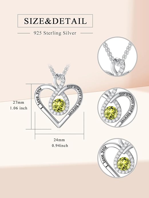 I Love You For Always and Forever Birthstone Necklace Infinity Love Heart Pendant Jewelry Christmas Valentine Mothers Day Birthday Gifts for Women Her Wife Girlfriend