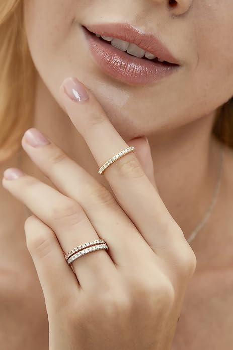 EAMTI 2mm 925 Sterling Silver Wedding Band Cubic Zirconia Half Eternity Stackable Engagement Ring Size 3-13