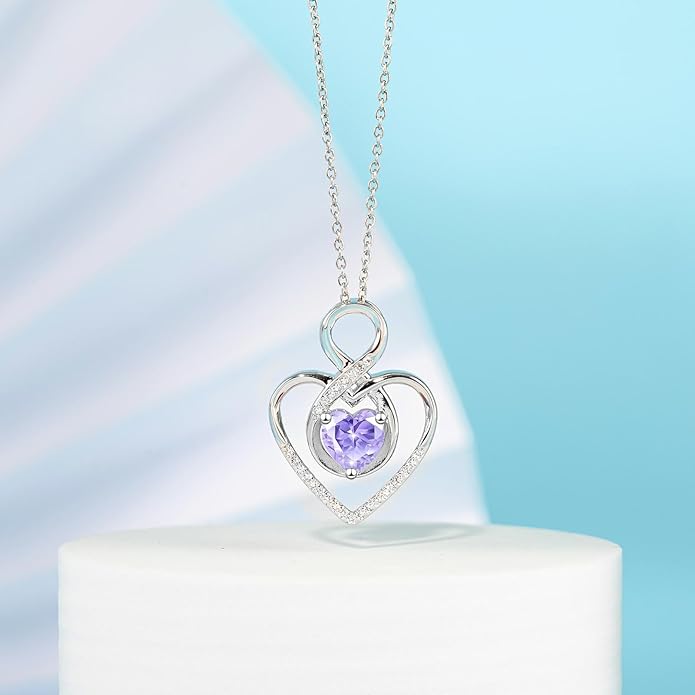 Heart Necklace for Women, 925 Silver Necklace with Infinity Heart Pendant, Personalized Birthstone Necklace Anniversary Birthday Gifts for Wife, Girlfriend, Mom