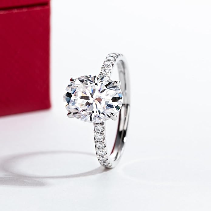 14K Solid Gold Side Stones Ring, Round/Princess Cut Centerpiece Moissanite Lab Grown Created Diamond, D Color and Flawless Real Gold Wedding Anniversary Ring