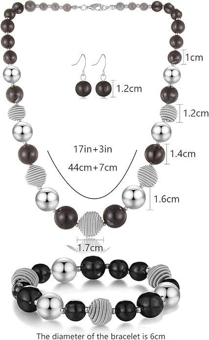 PEARL&CLUB Beaded Chunky Statement Necklace Earring and Bracelet Set Silver Metal Bead Fashion Jewelry Set Mothers’ Day Gifts for Women