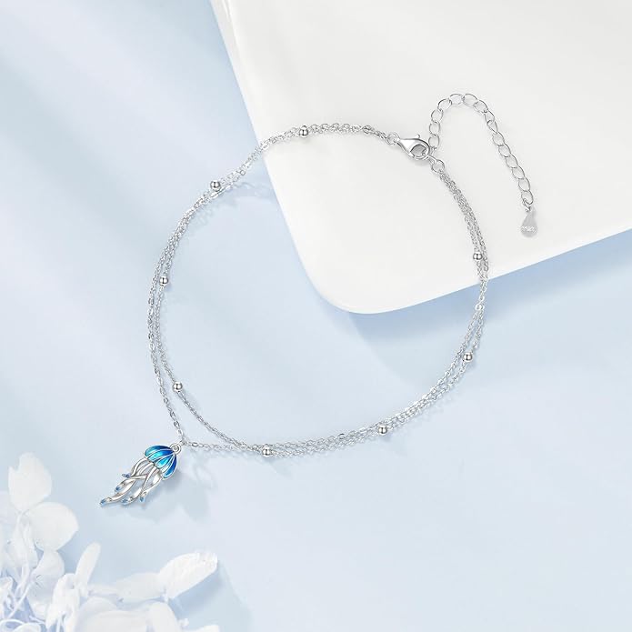 POPLYKE Jellyfish Anklet for Women Sterling Silver Double Layer Blue Ocean Anklet Sea Jewelry Gift for Summer Beach