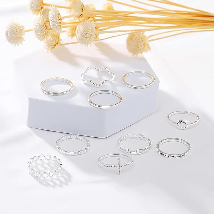 ZOERAY 10PCS 14K Gold Plated Stacking Rings for Women Thumb Stackable Knuckle Band Rings Plain Twist Thin Joint Finger Wedding Gold Ring Set for Women Size 4 to 11