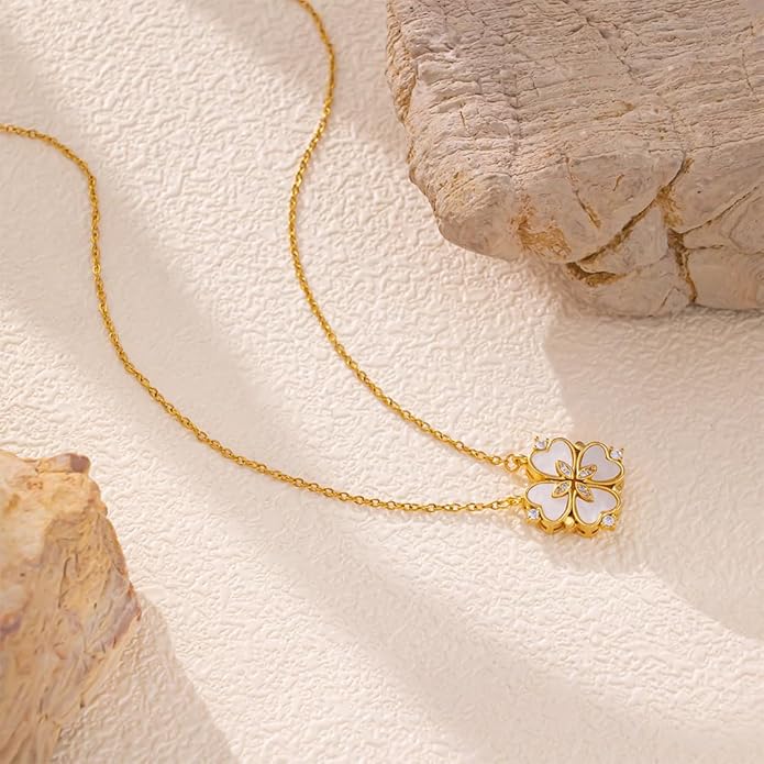 18K Gold Stainless Steel Gold Plated Necklace with Clove Hearts Charm - Can Be Worn Two Ways (Elegant A)