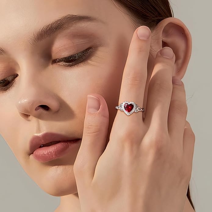 DAYBYDAY Celtic Birthstone Rings for Women 925 Sterling Silver Heart/Round/Pear/Oval Created Gemstone Moissanite Halo Engagement Promise Rings for Her Wife Birthday Anniversary Wedding Jewelry