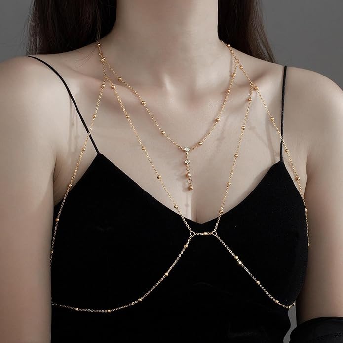 14K Gold Body Chains for Women, Sexy Layered Belly Waist Chain Bikini Bra Chain, Summer Beach Rhinestone Body Jewelry