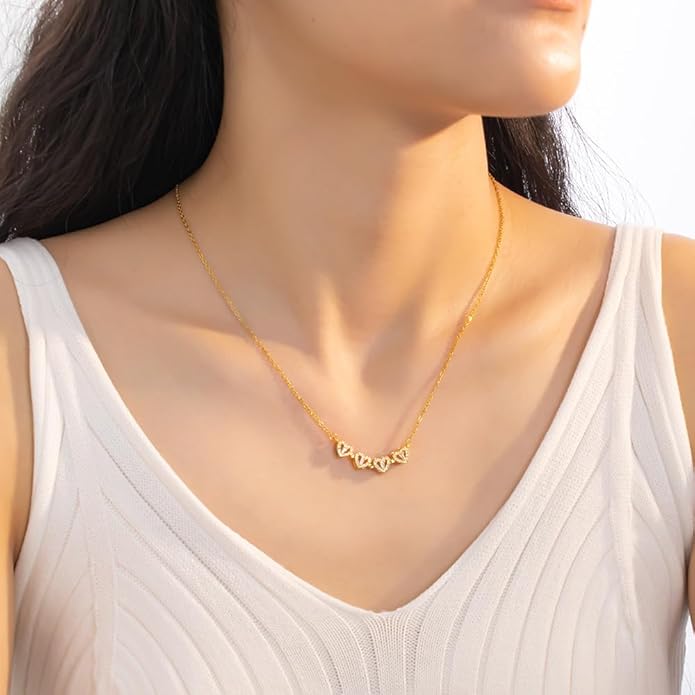 18K Gold Stainless Steel Gold Plated Necklace with Clove Hearts Charm - Can Be Worn Two Ways (Elegant A)