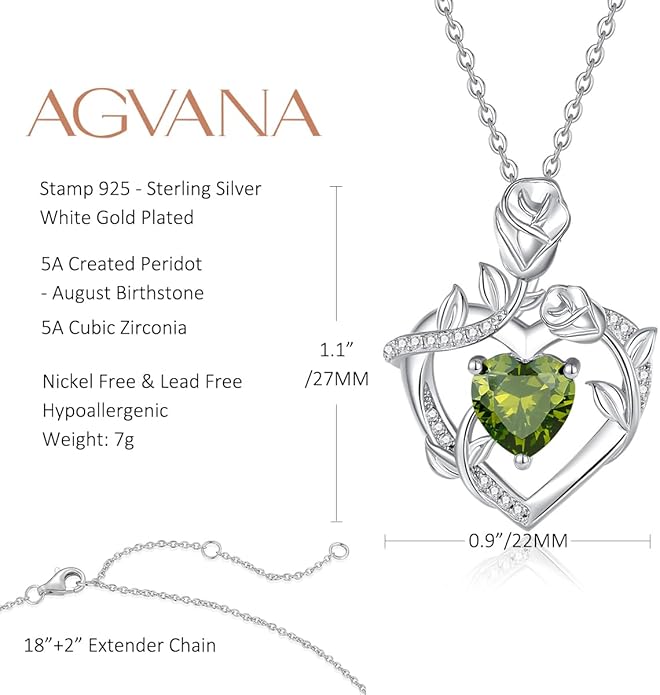 AGVANA Rose Birthstone Necklace for Women Sterling Silver Rose Flower Heart Necklace Fine Jewelry Anniversary Birthday Gifts for Women Wife Mom Her, Length: 18"+2"