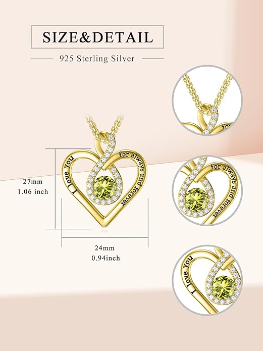 I Love You For Always and Forever Birthstone Necklace Infinity Love Heart Pendant Jewelry Christmas Valentine Mothers Day Birthday Gifts for Women Her Wife Girlfriend