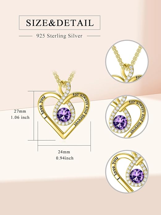 I Love You For Always and Forever Birthstone Necklace Infinity Love Heart Pendant Jewelry Christmas Valentine Mothers Day Birthday Gifts for Women Her Wife Girlfriend