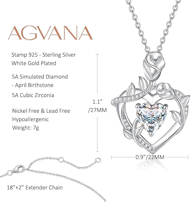 AGVANA Rose Birthstone Necklace for Women Sterling Silver Rose Flower Heart Necklace Fine Jewelry Anniversary Birthday Gifts for Women Wife Mom Her, Length: 18"+2"
