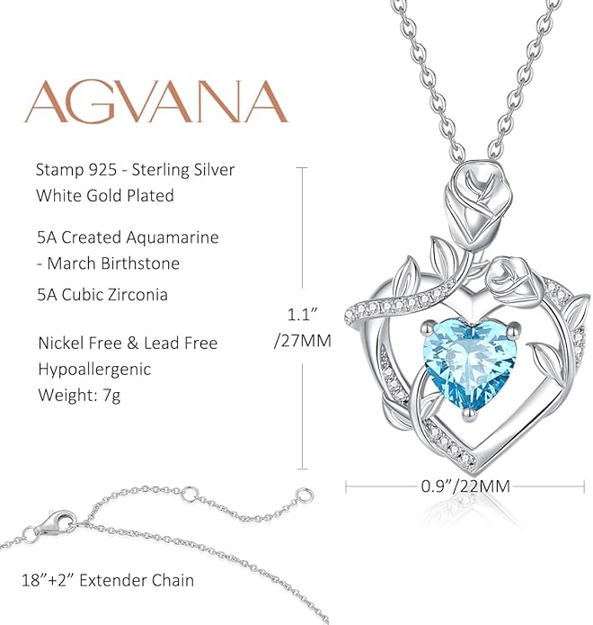 AGVANA Rose Birthstone Necklace for Women Sterling Silver Rose Flower Heart Necklace Fine Jewelry Anniversary Birthday Gifts for Women Wife Mom Her, Length: 18"+2"