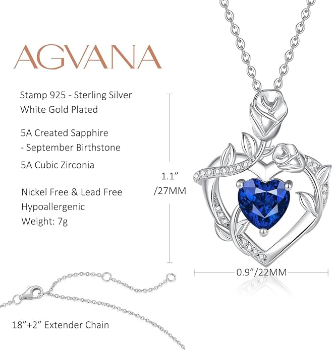 AGVANA Rose Birthstone Necklace for Women Sterling Silver Rose Flower Heart Necklace Fine Jewelry Anniversary Birthday Gifts for Women Wife Mom Her, Length: 18"+2"