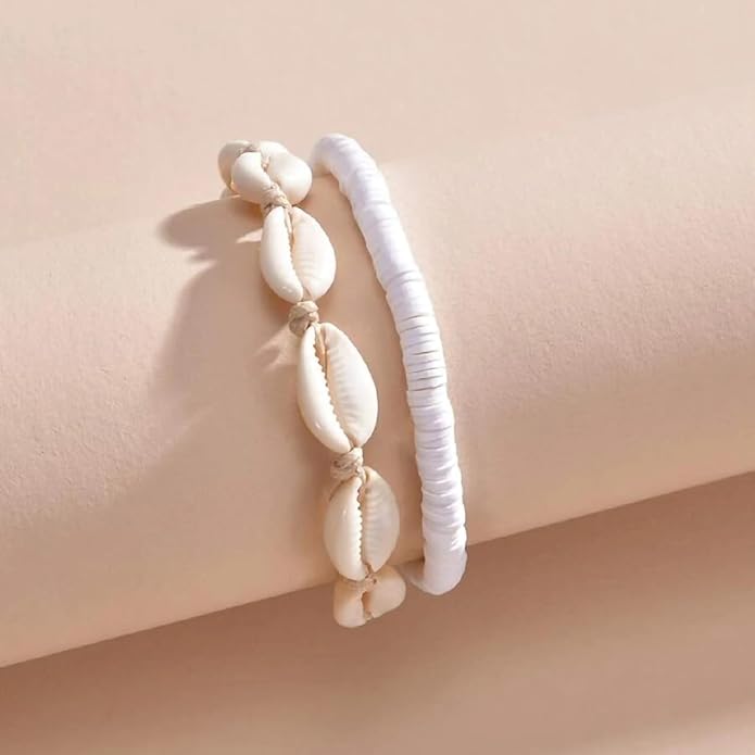 Shell Ankle Bracelet Set for Women, Gold Boho Bead Adjustable Anklet, Hawaiian Beach Seashell Pearl Heart Starfish Conch Foot Jewelry Gifts