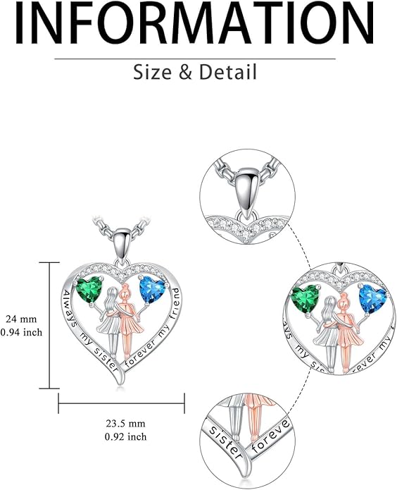 Always My Sister Forever My Friend Birthstone Pendant Necklace Women Jewelry Christmas Valentine Mothers Day Birthday Gifts for Women Sister From Sister