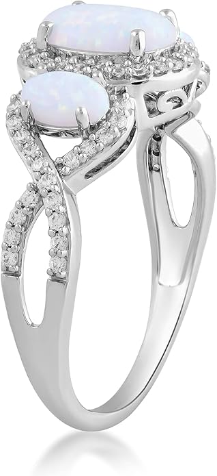 Jewelili Sterling Silver 8X6 MM and 5X3 MM Oval Created Opal and Round Created White Sapphire 3-Stone Engagement Ring