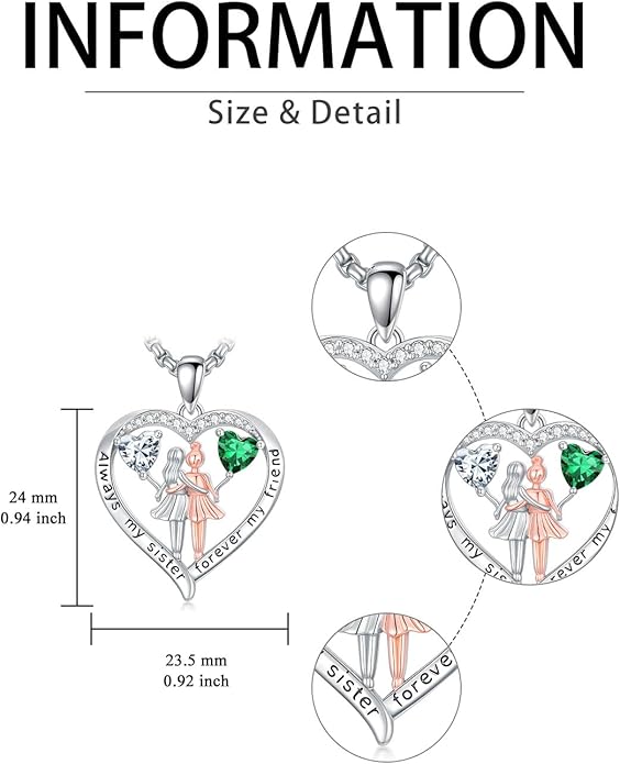 Always My Sister Forever My Friend Birthstone Pendant Necklace Women Jewelry Christmas Valentine Mothers Day Birthday Gifts for Women Sister From Sister