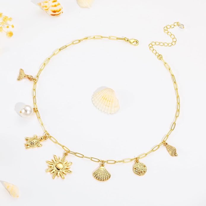 Charm Necklace for Women, 14K Gold Plated Shell Sun Starfish Summer Beach Necklace 16+3" Paperclip Chain Jewelry Gifts