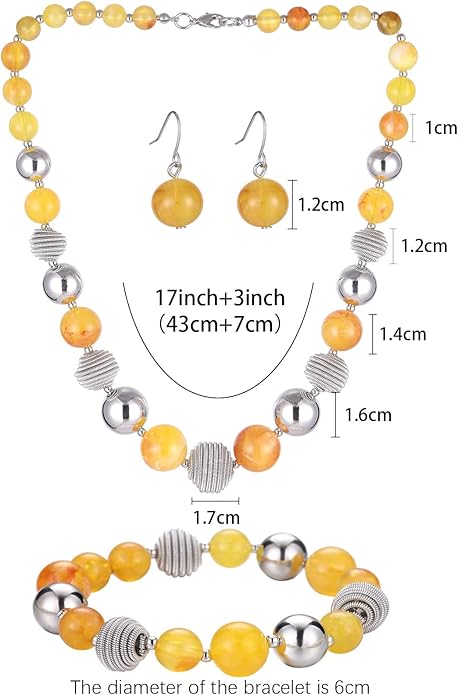 PEARL&CLUB Beaded Chunky Statement Necklace Earring and Bracelet Set Silver Metal Bead Fashion Jewelry Set Mothers’ Day Gifts for Women