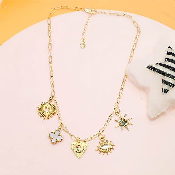 Chunky Retro Heart Necklace for Women Antique Layer Beach Ocean Moon Stars Western Boho Charm Necklaces Retro Link Chain Jewelry