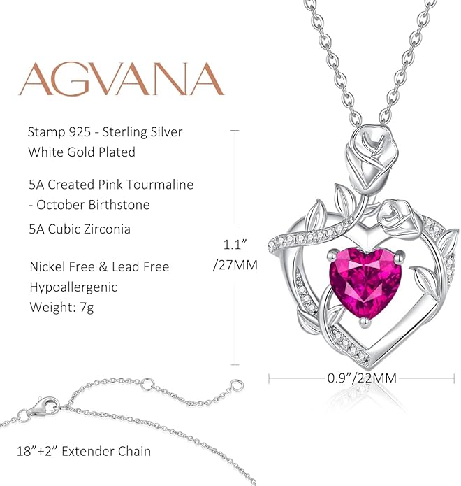 AGVANA Rose Birthstone Necklace for Women Sterling Silver Rose Flower Heart Necklace Fine Jewelry Anniversary Birthday Gifts for Women Wife Mom Her, Length: 18"+2"