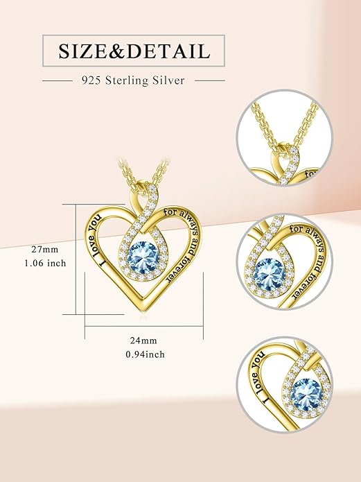 I Love You For Always and Forever Birthstone Necklace Infinity Love Heart Pendant Jewelry Christmas Valentine Mothers Day Birthday Gifts for Women Her Wife Girlfriend
