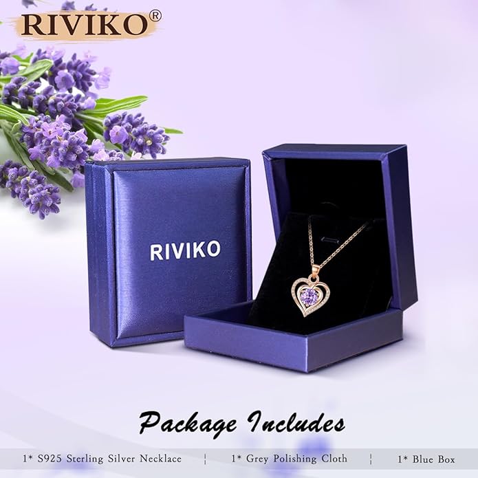 RIVIKO Heart Birthstone Pendant Necklace for Women 925 Sterling Silver Zirconia Necklaces Wedding Anniversary Birthday Mothers Day Jewelry Gifts For Her Mother Wife