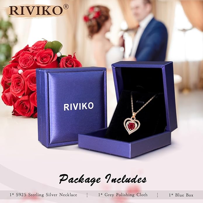 RIVIKO Heart Birthstone Pendant Necklace for Women 925 Sterling Silver Zirconia Necklaces Wedding Anniversary Birthday Mothers Day Jewelry Gifts For Her Mother Wife