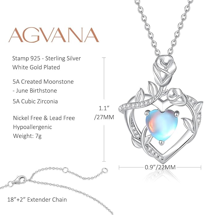 AGVANA Rose Birthstone Necklace for Women Sterling Silver Rose Flower Heart Necklace Fine Jewelry Anniversary Birthday Gifts for Women Wife Mom Her, Length: 18"+2"
