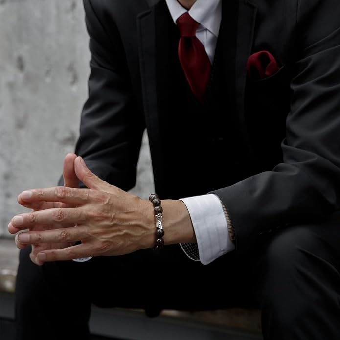 AWNL® Men's Beaded Bracelet with Sterling Silver Engraved Runes Charm 12mm Bronzite Dumortierite Obsidian Natural Gemstone Gift for Men, 6.1''-7.9''