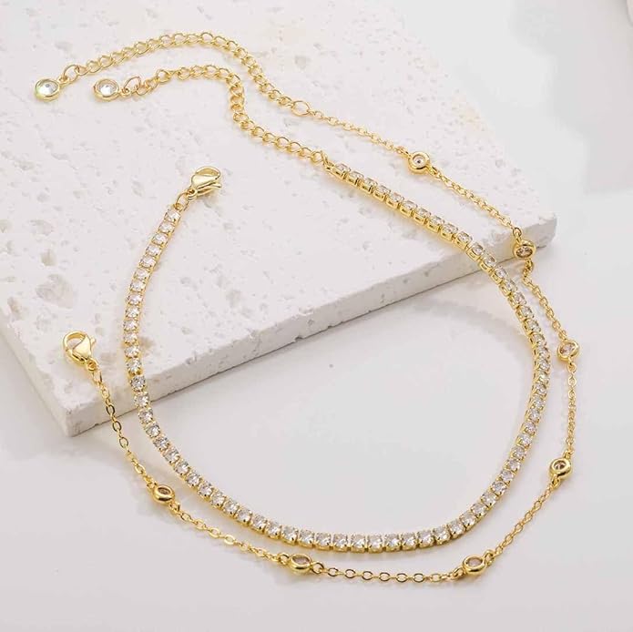 RLMOON Gold Anklets for Women CZ Ankle Bracelet 14K Gold Plated Waterproof Dainty Layered Tennis Heart Dot Chain Silver Clover Anklet Trendy Foot Jewelry