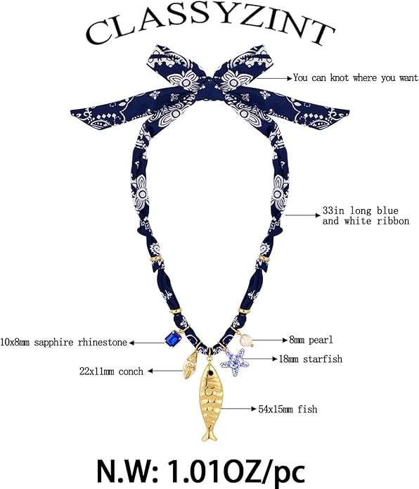 CLASSYZINT Gold Fish Necklace Blue Bead Necklace Boho Ocean Necklace Summer Jewelry for Women