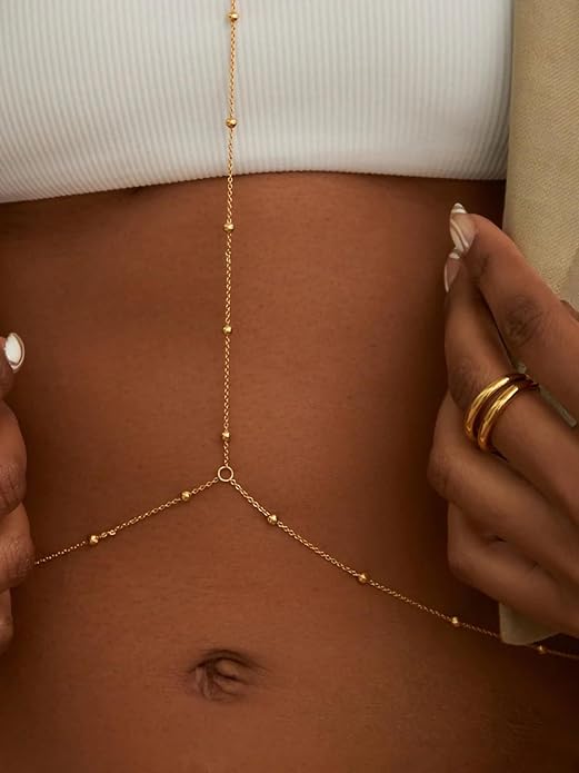 14K Gold Body Chains for Women, Sexy Layered Belly Waist Chain Bikini Bra Chain, Summer Beach Rhinestone Body Jewelry