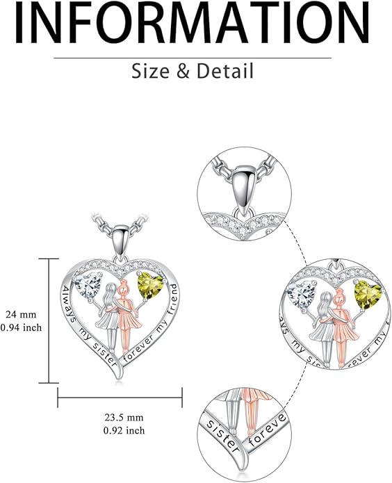 Always My Sister Forever My Friend Birthstone Pendant Necklace Women Jewelry Christmas Valentine Mothers Day Birthday Gifts for Women Sister From Sister