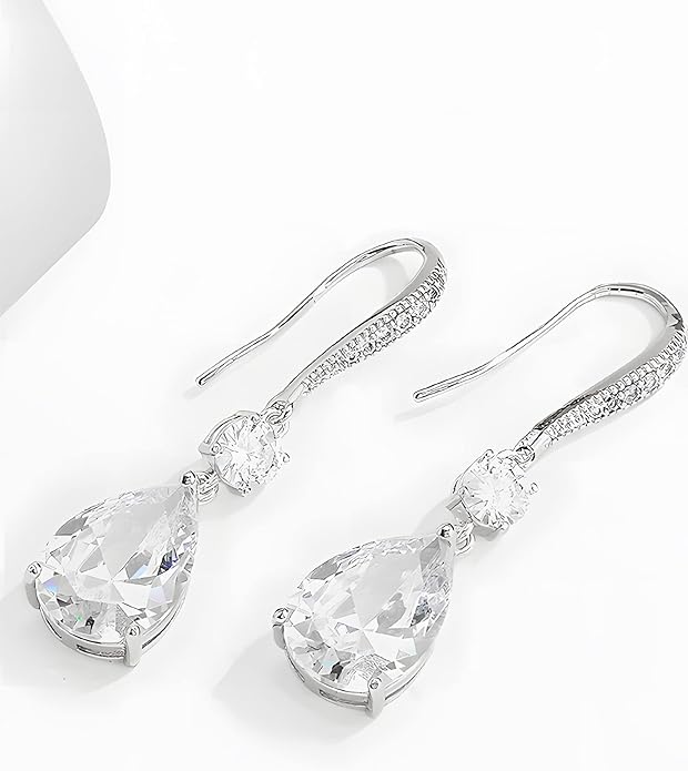 Drop Dangle Earrings for Women, Pear Cut Cubic Zirconia Long Teardrop Wedding Bridal Earrings, Silver Rose Gold Plated Copper Brass Micro Inlay CZ Gorgeous Plain Simple Fine Jewelry Gifts Box
