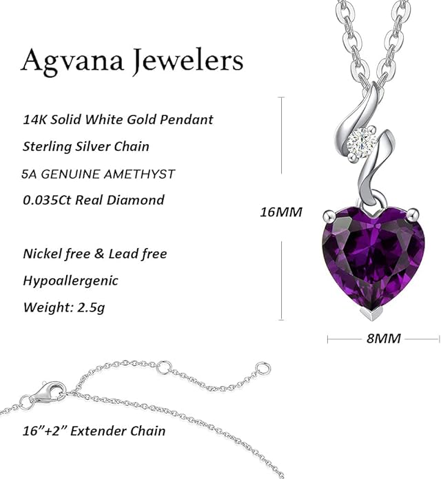 AGVANA 14K Solid White Gold Diamond Gemstone Pendant with Sterling Silver Chain 8mm Heart Birthstone Necklace Fine Jewelry Anniversary Birthday Gifts for Women Mom Wife