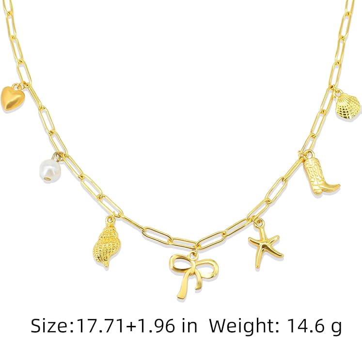 Gold Plated Paperclip Chain Beach Charm Necklace for Women Cute Shell Bow Dainty Beachy Starfish Pearl Seashell Strawberry Fruit Heart Mermaid Summer Jewelry Gift