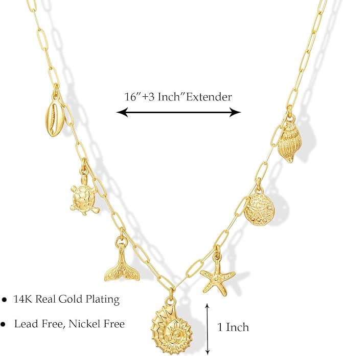 Charm Necklace for Women, 14K Gold Plated Shell Sun Starfish Summer Beach Necklace 16+3" Paperclip Chain Jewelry Gifts