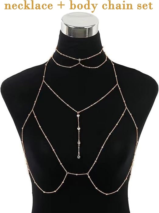QWALIT Silver Gold Body Chain Jewelry for Women Rhinestone Body Chain with Necklace Gold Bra Chains Top Lingerie Chain Jewelry Sexy