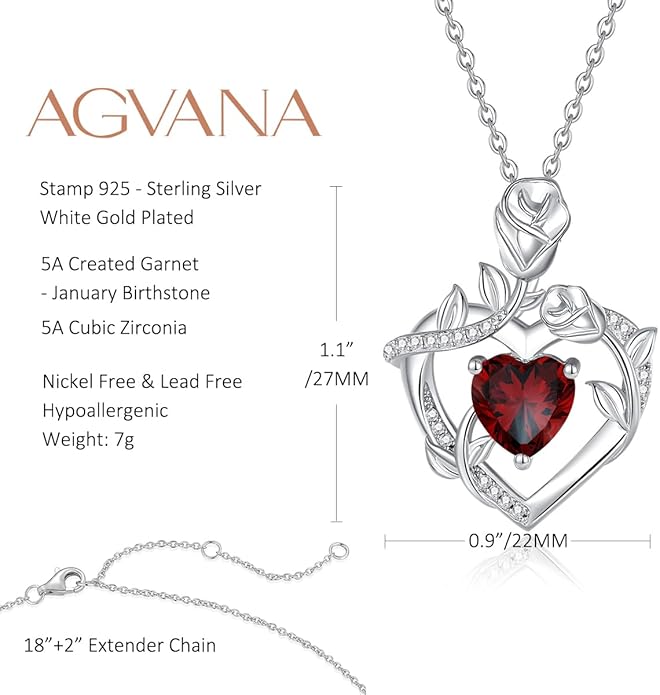 AGVANA Rose Birthstone Necklace for Women Sterling Silver Rose Flower Heart Necklace Fine Jewelry Anniversary Birthday Gifts for Women Wife Mom Her, Length: 18"+2"