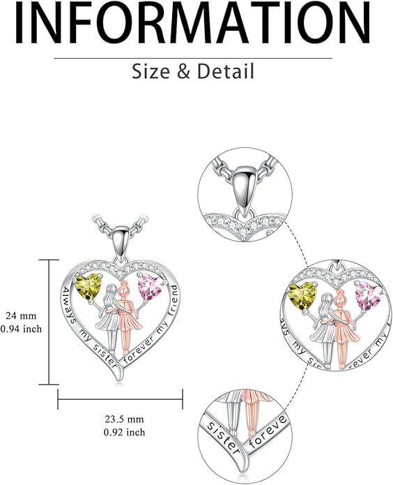 Always My Sister Forever My Friend Birthstone Pendant Necklace Women Jewelry Christmas Valentine Mothers Day Birthday Gifts for Women Sister From Sister