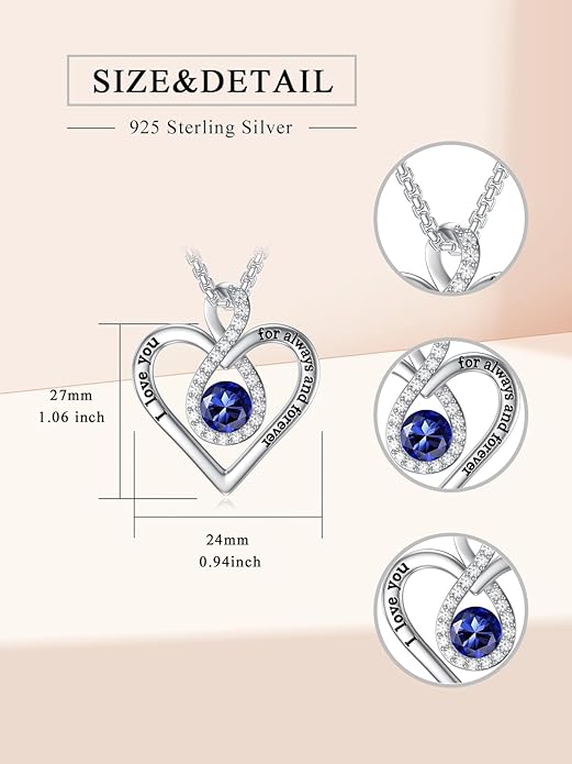 I Love You For Always and Forever Birthstone Necklace Infinity Love Heart Pendant Jewelry Christmas Valentine Mothers Day Birthday Gifts for Women Her Wife Girlfriend
