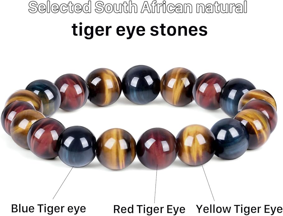 Tiger Eye Bracelet,Relax Anxiety Crystal Beaded Triple Protection Jewelry Bead Stone Chakra Gemstones Bracelets for women men