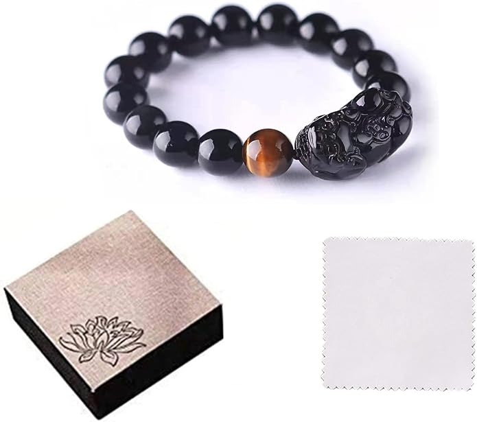 Black Obsidian Bracelet,Feng Shui Black Obsidian Wealth Bracelet for Women Men Stretch Obsidian Bracelet Bangle with Pixiu Tiger Eye Stone Attract Wealth Money and Good Luck